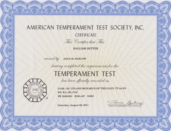 Hamish Temperament Test Certificate